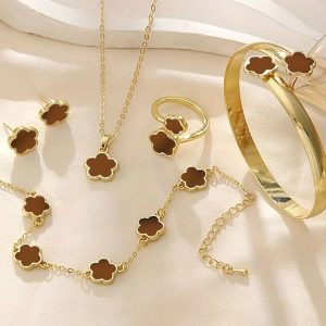 5-Piece Brown Five Leaf Clover Design Jewelry Set includes Bracelet, Earrings, Kara, Necklace & Ring